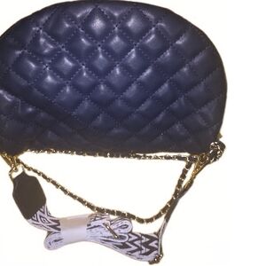 Quilted Navy Crossbody Bag with Gold Chain and Patterned Strap